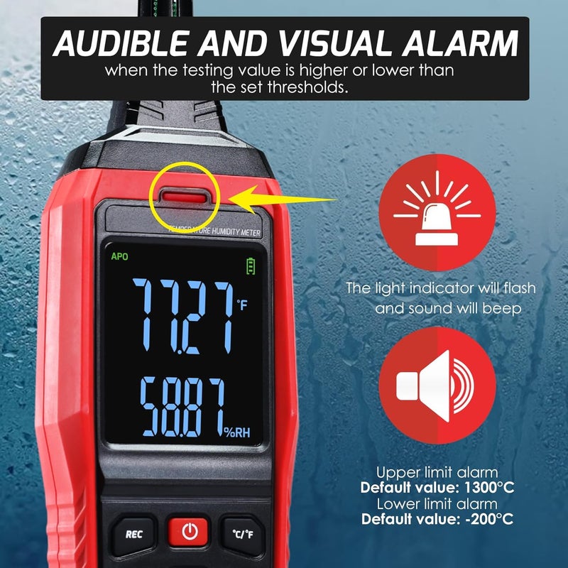 DANOPLUS Humidity and Temperature Meter Data Logger Digital Psychrometer HVAC, Wet Bulb Thermometer Record 4000pcs Data and Export, Large LCD Humidity Tester Dew Point Meter with Indicator and Buzzer Alarm - Image 5
